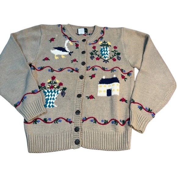 Rosslee Sweaters - Rosslee Womens Cardigan Sweater Beige Farmhouse Scene Grandma Core Size L